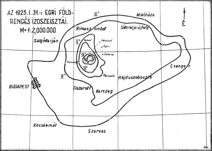 Az 1925-ös egri földrengés izoszeiztáinak térképe