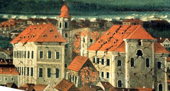 Karl Friedel korabeli festménye az 1763-as komáromi földrengés által okozott károkról.